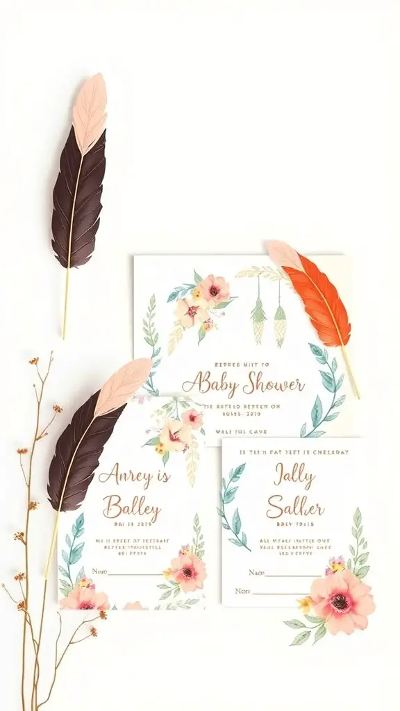 23+ Unique Boho Baby Shower Ideas You’ll Love 4 Bohemian-themed baby shower invitations with floral designs and feathers.