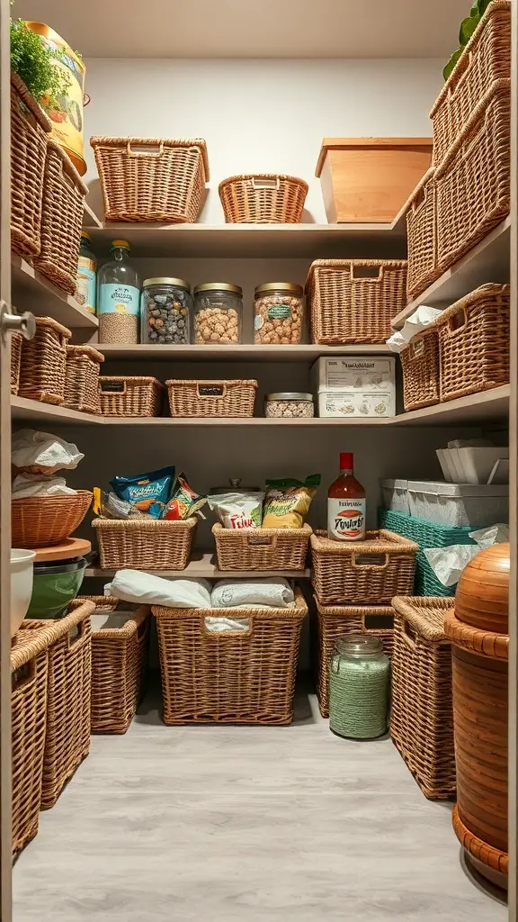 Organized pantry with wicker baskets holding various items.
