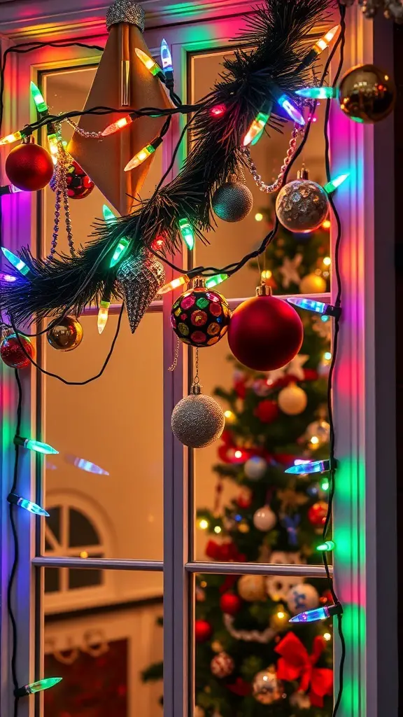 A festive window decorated with colorful Christmas lights and ornaments, showcasing a Christmas tree in the background.