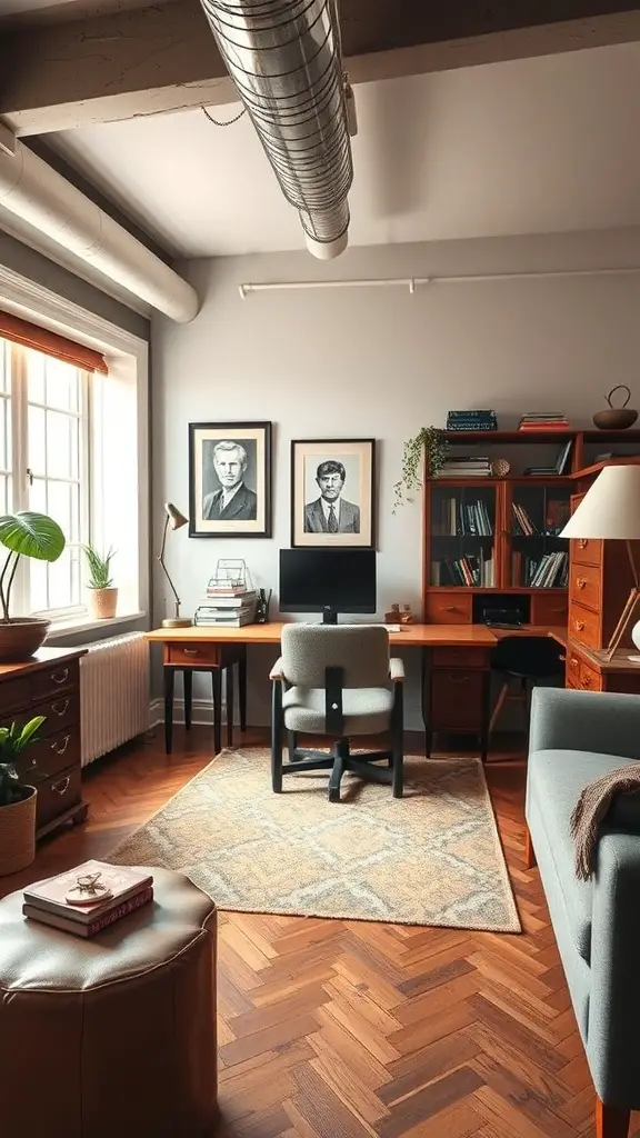 A cozy office featuring vintage furniture, modern chair, and classic portraits on the walls.