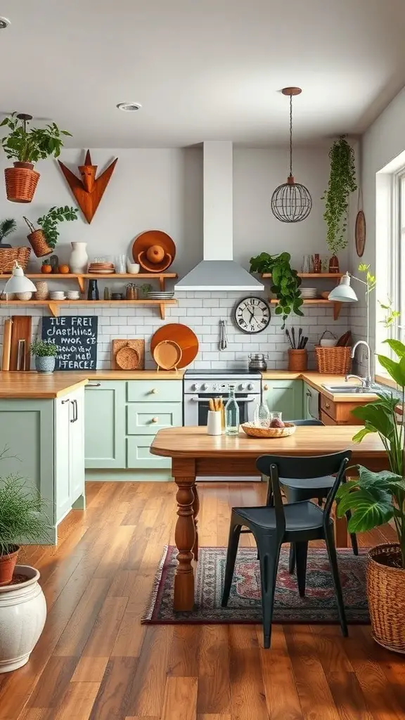 A cozy boho kitchen featuring mismatched furniture styles with green cabinets, a wooden table, and black chairs.
