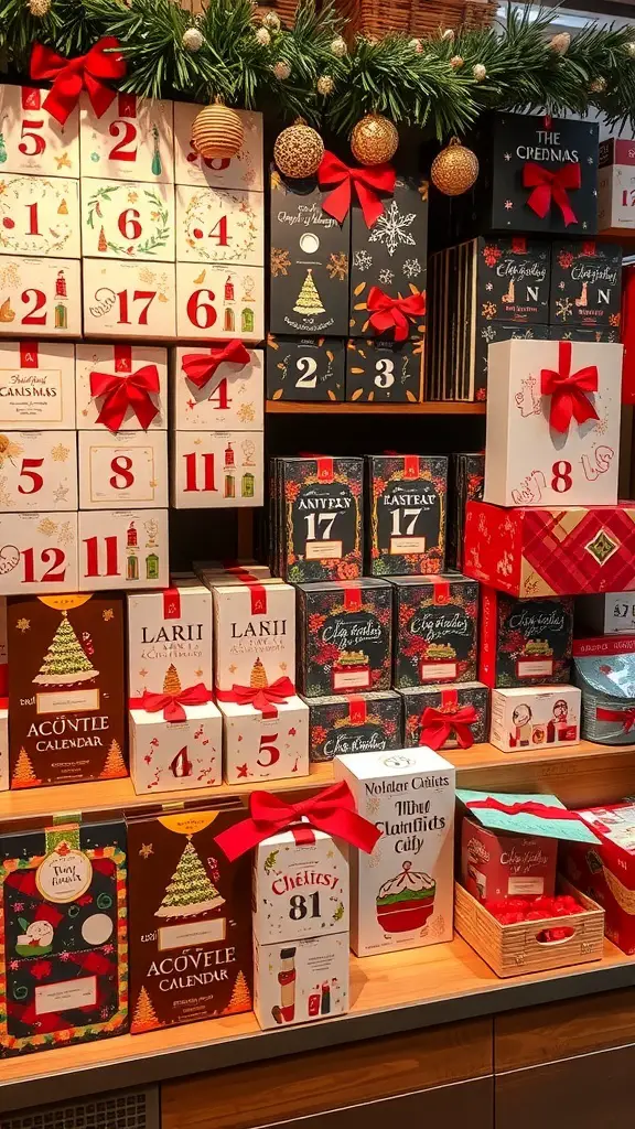25+ Festive Christmas Store Displays to Inspire Your Retail Space 13 A festive display of various advent calendars with colorful designs and ribbons, topped with a holiday garland.