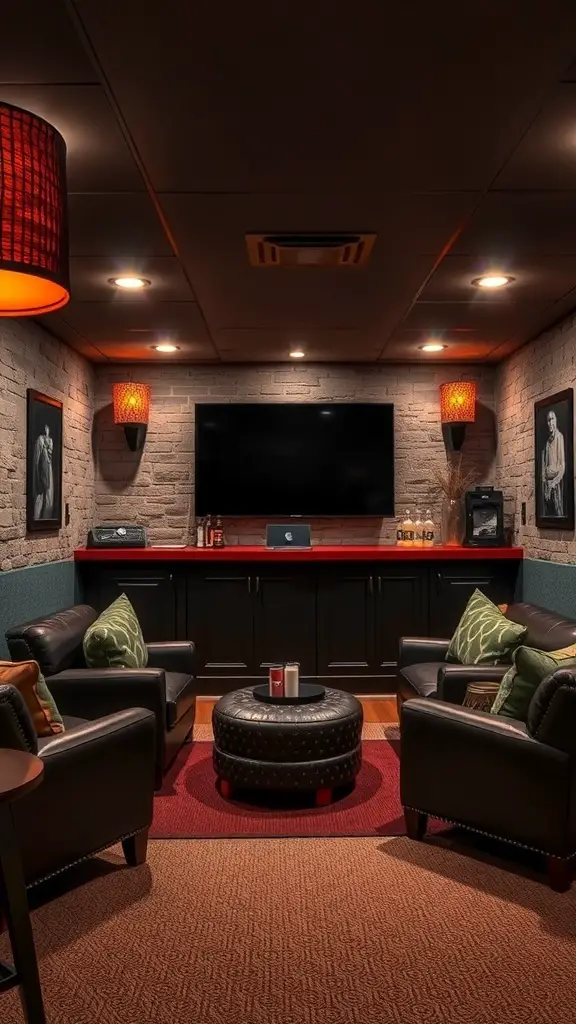 Cozy basement bar with a TV, leather seating, and warm lighting.