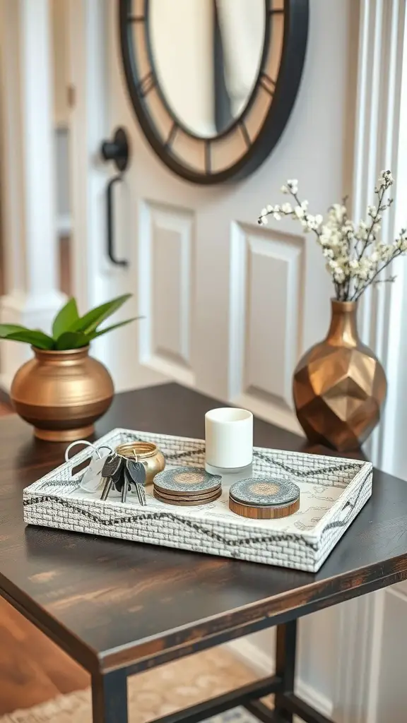25+ Stunning Entryway Table Decor Ideas You’ll Love 13 A decorative tray on an entryway table holding keys, coasters, and a candle, with a plant and decorative vase in the background.