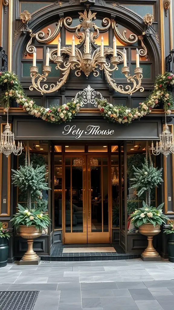 31+ Stunning Storefront Christmas Displays to Get You in the Holiday Spirit 4 Elegant storefront of Sety House decorated for the holidays with garlands and chandeliers.
