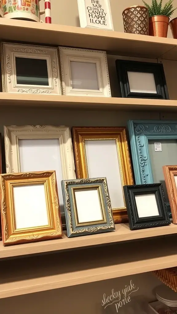 29+ Creative Dollar Tree DIY Crafts You Need to Try 6 A display of various picture frames in different colors and styles on a shelf.