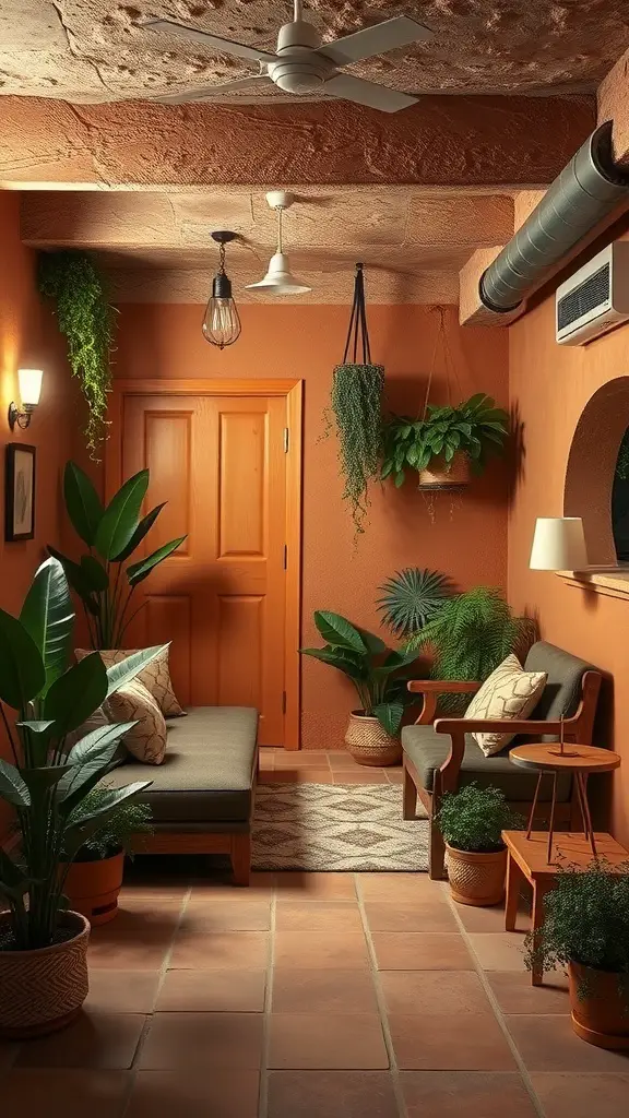 Cozy basement area with earthy tones, plants, and warm lighting.