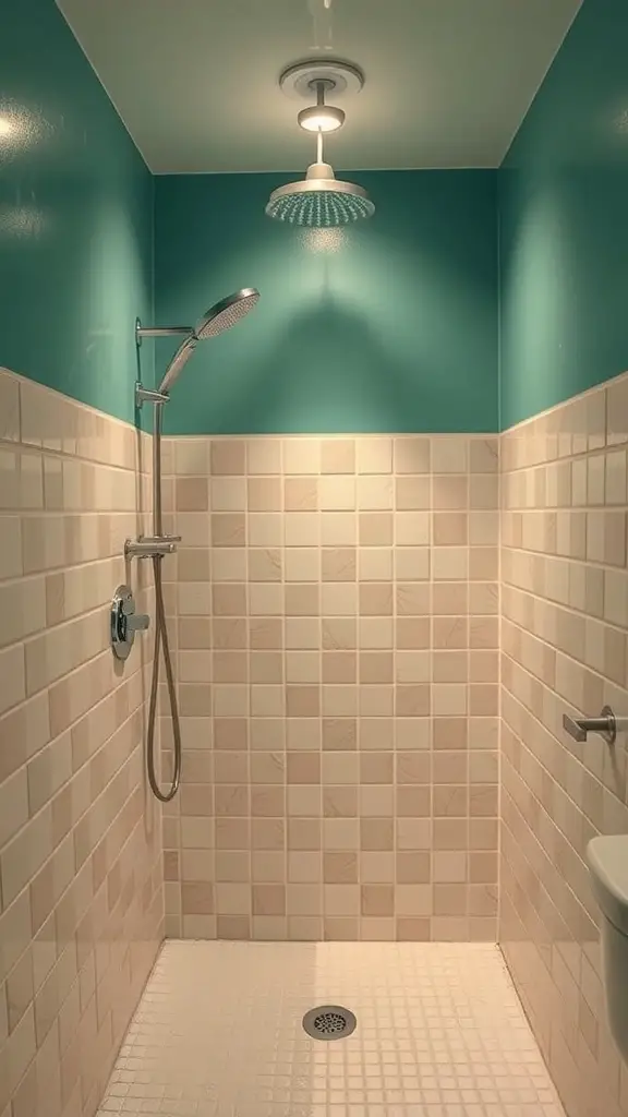 Small shower with turquoise walls and neutral tiles