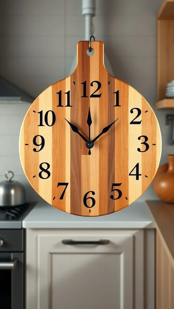 23+ Creative Dollar Tree Cutting Board Crafts You Can Make 16 A wooden cutting board designed as a wall clock with large numbers and clock hands.