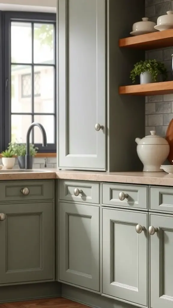 25+ Beautiful Sage Green Farmhouse Kitchen Cabinet Ideas 11 A close-up view of sage green kitchen cabinets with stylish hardware and wooden shelves.