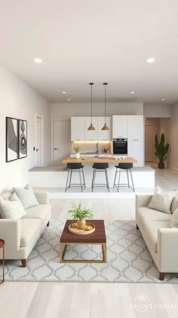 A modern open concept basement apartment featuring a living area and kitchen with light colors and stylish furniture.