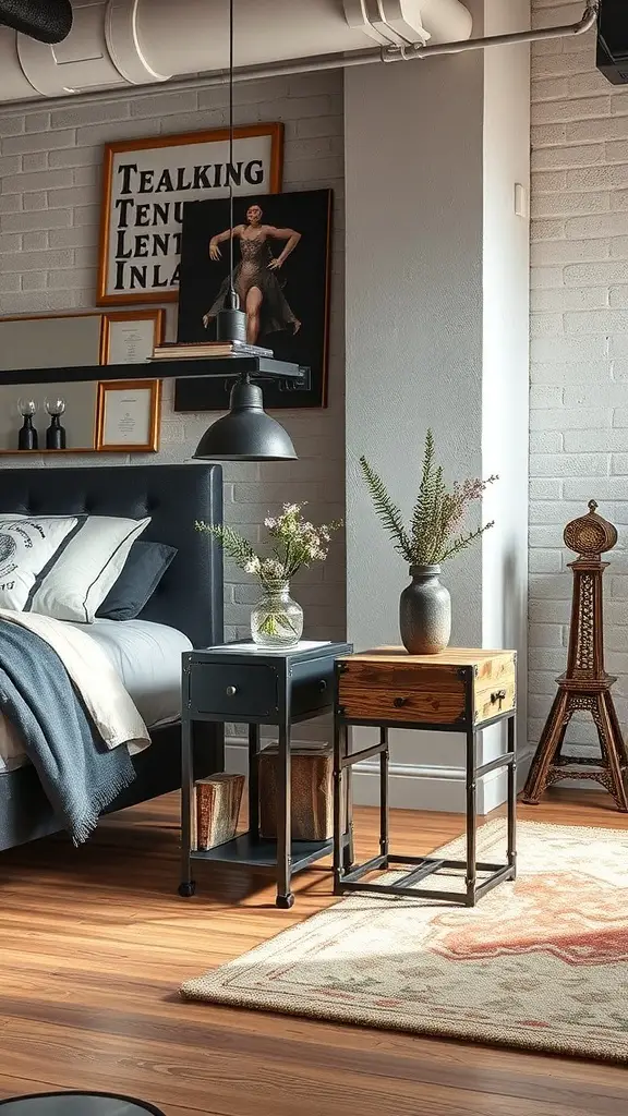 27+ Creative Bedside Table Ideas to Transform Your Bedroom 4 Two industrial chic nightstands with a mix of metal and wood, styled with decorative items.