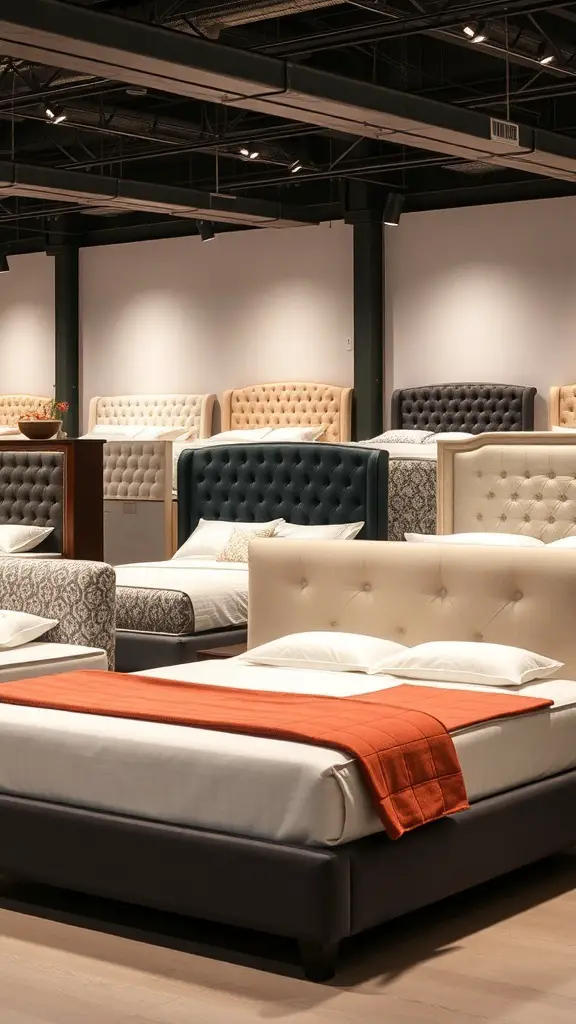 29+ Stunning Upholstered Beds for a Cozy Bedroom Makeover 10 A variety of upholstered beds with different headboard designs displayed in a showroom.