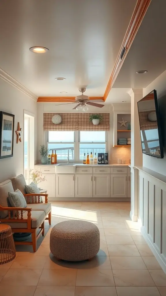 Coastal beach house bar with natural light, comfortable seating, and a well-stocked bar area.