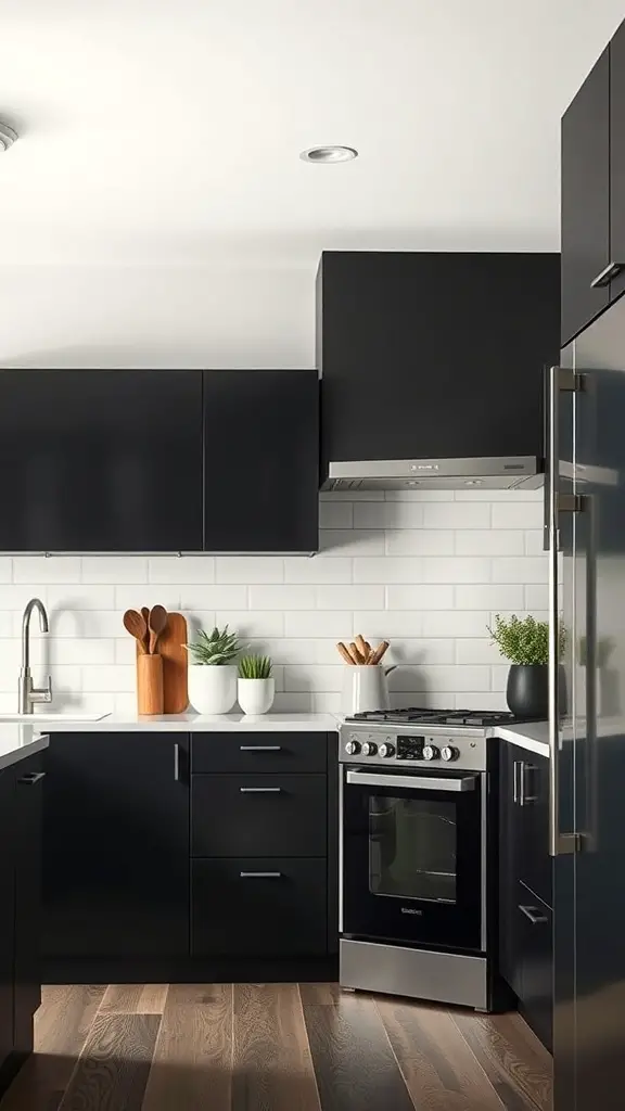 25+ Gorgeous Kitchen Cabinet Colors to Transform Your Space 5 Modern kitchen featuring sleek black cabinets, white backsplash, and wooden utensils.
