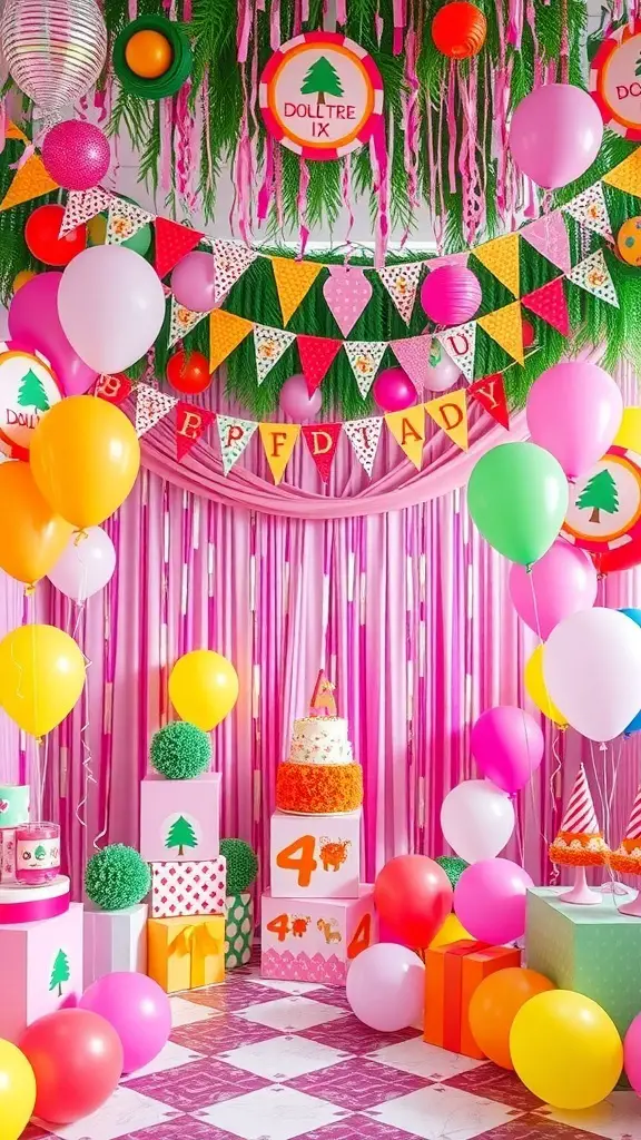 29+ Creative Dollar Tree DIY Crafts You Need to Try 15 A colorful party decoration setup featuring balloons, banners, and cake displays.