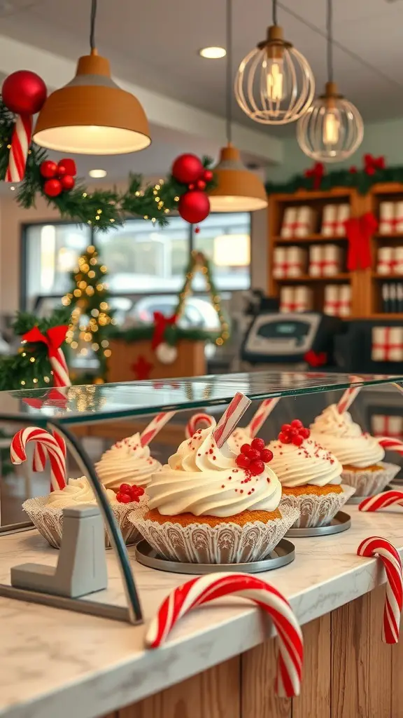 25+ Festive Cafe Christmas Decoration Ideas 12 A cafe decorated with candy canes, festive wreaths, and holiday-themed cupcakes.