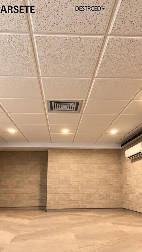 Vinyl ceiling panels in a modern basement setting