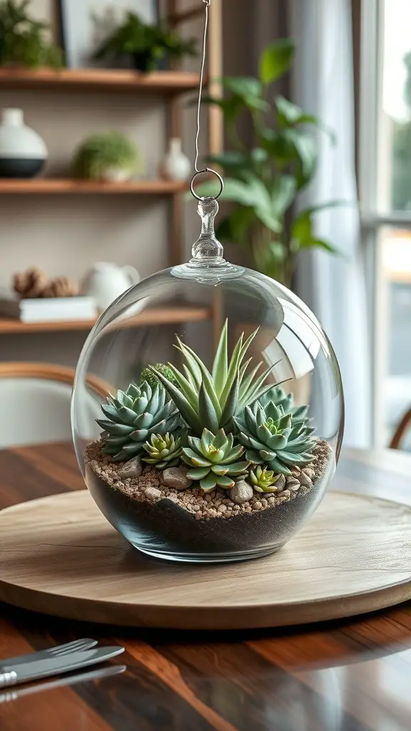 23+ Stunning Dining Table Centerpiece Ideas 5 A glass terrarium with various succulents displayed on a wooden table.
