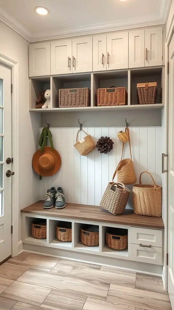 A stylish mudroom with cabinets, a bench, and storage baskets.