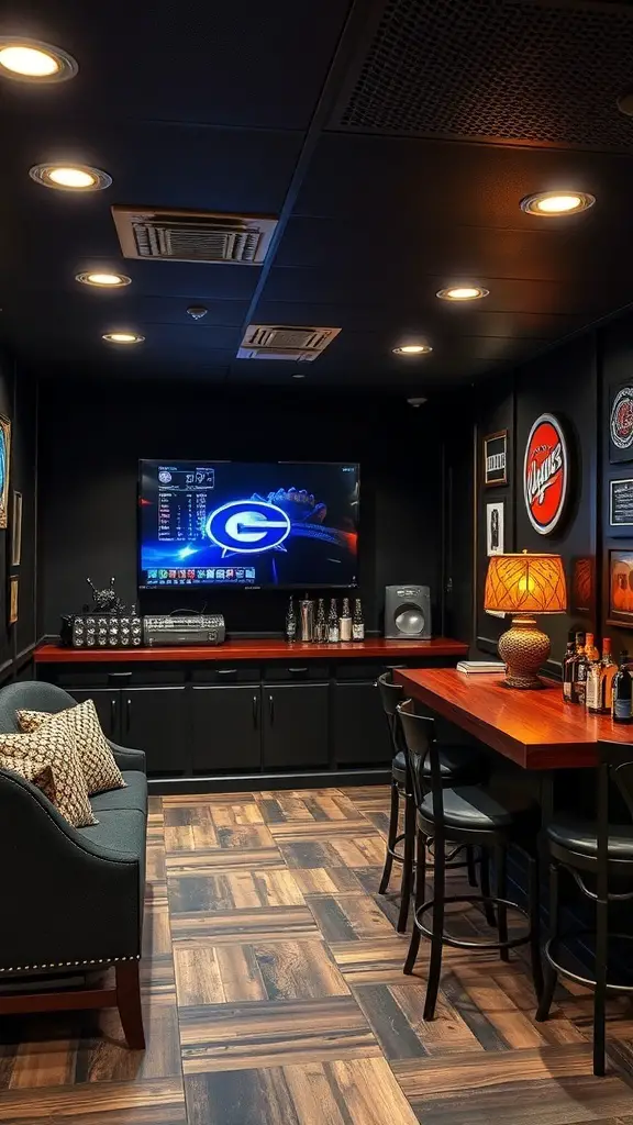 A stylish basement bar with a large TV, comfortable seating, and a well-stocked bar, perfect for watching sports.
