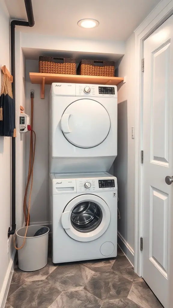 Compact washer-dryer combo in a small laundry room with wooden shelf and baskets