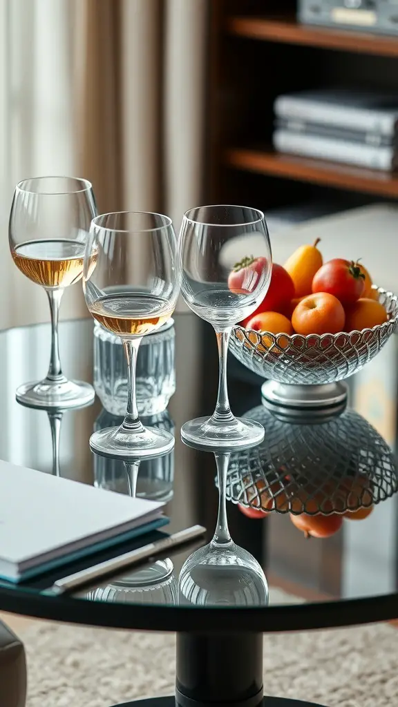 Coffee table with elegant glassware and a bowl of fresh fruit.