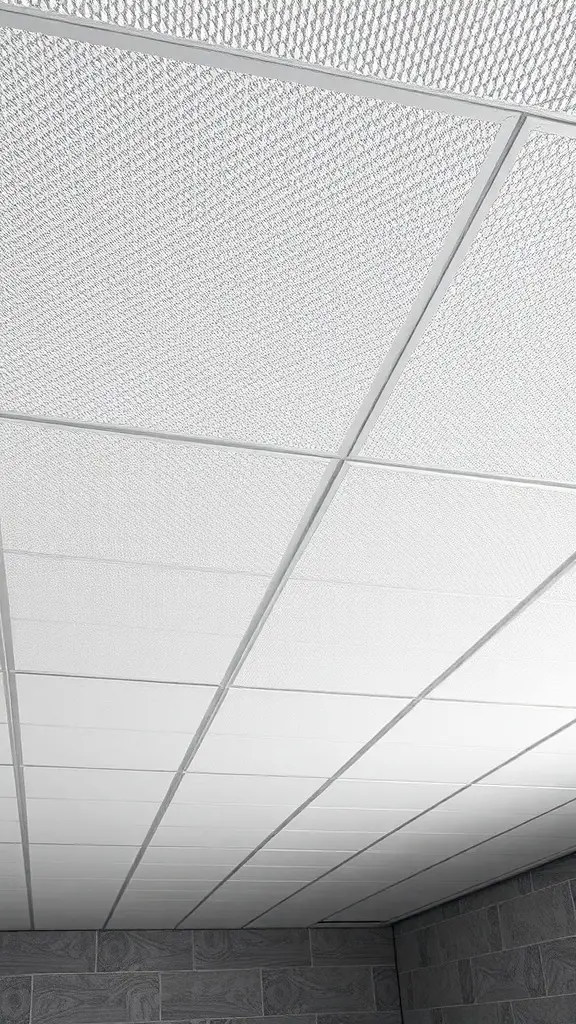 A ceiling featuring white vinyl tiles arranged in a grid pattern.
