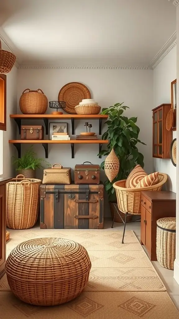 25+ Stunning Boho Basement Ideas to Transform Your Space 14 A cozy boho basement corner featuring woven baskets, a wooden trunk, open shelving, and a plant.