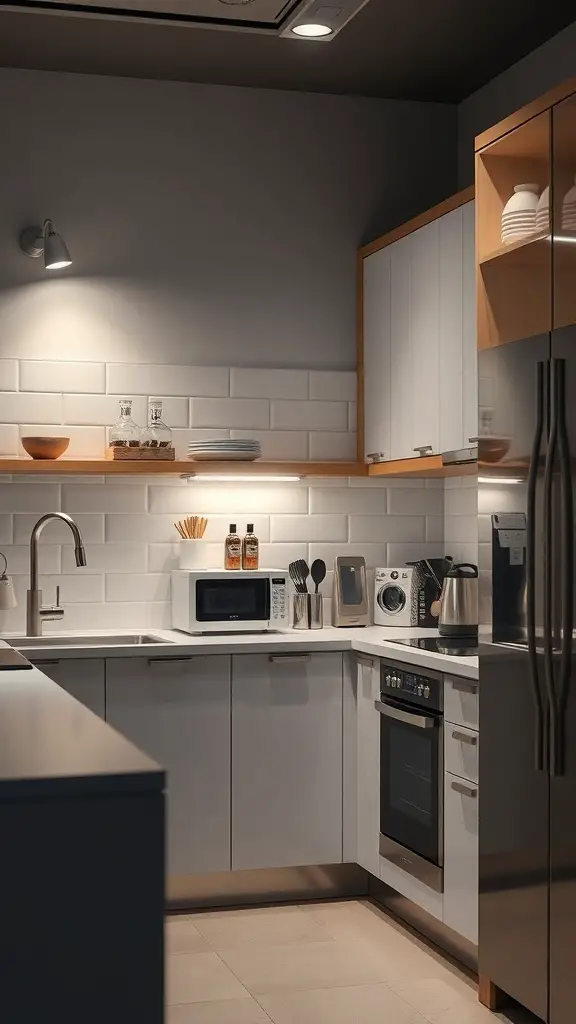 A modern kitchenette featuring smart appliances and sleek design.