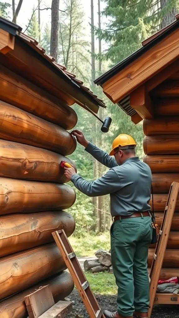 A person inspecting the logs of a log cabin in a forested area.