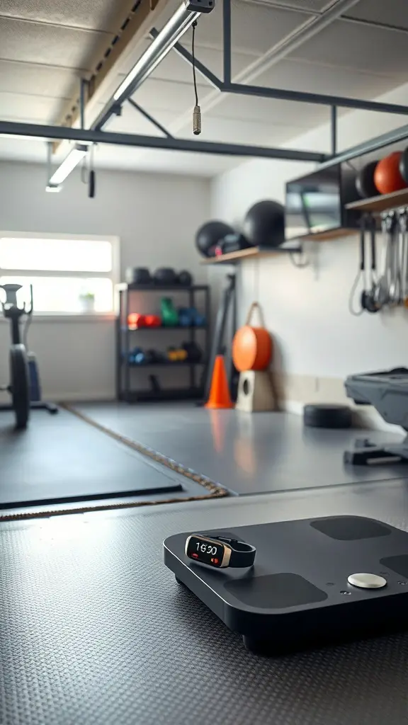 27+ Inspiring Half Garage Gym Ideas for Your Home Workout Space 10 A modern garage gym featuring smart fitness technology like a scale and fitness tracker.