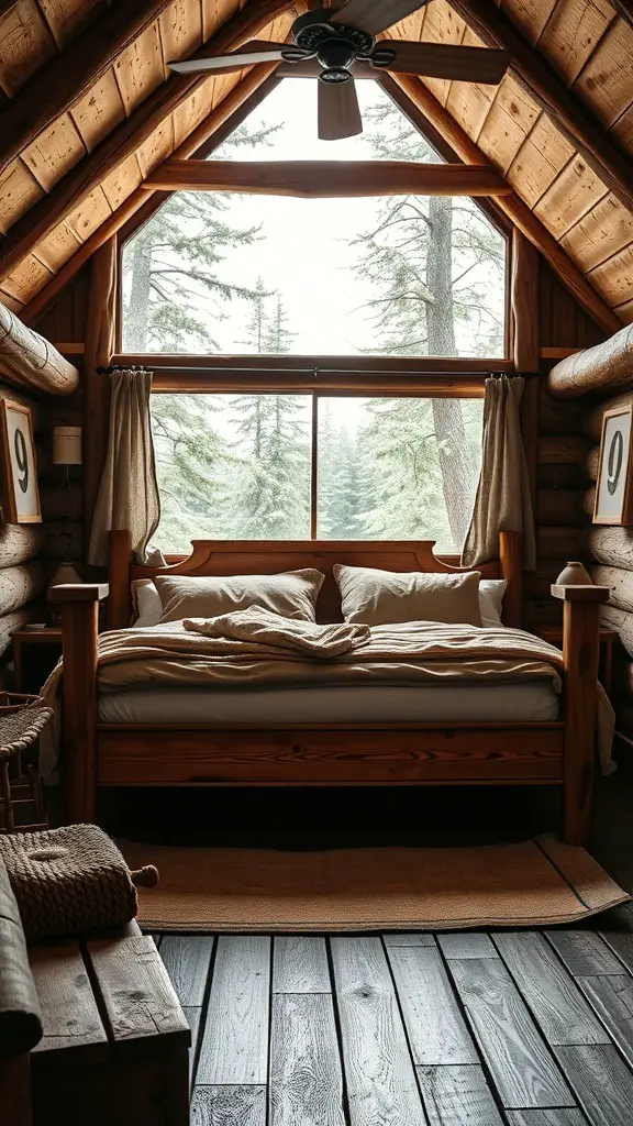29+ Stunning Upholstered Beds for a Cozy Bedroom Makeover 5 A rustic bedroom featuring a wooden upholstered bed, soft bedding, and large windows with a view of trees.