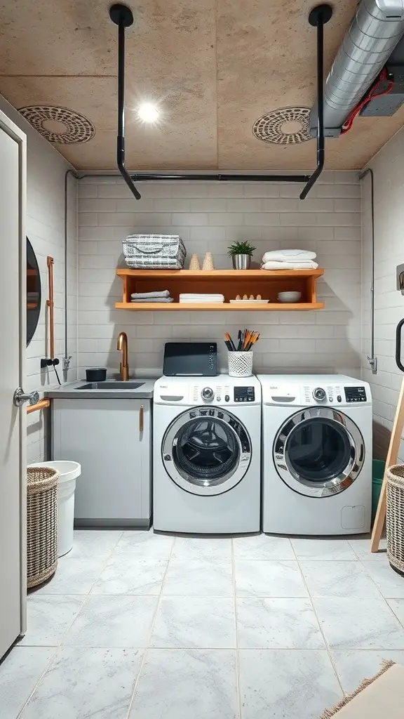 A modern basement laundry room featuring smart technology integration.