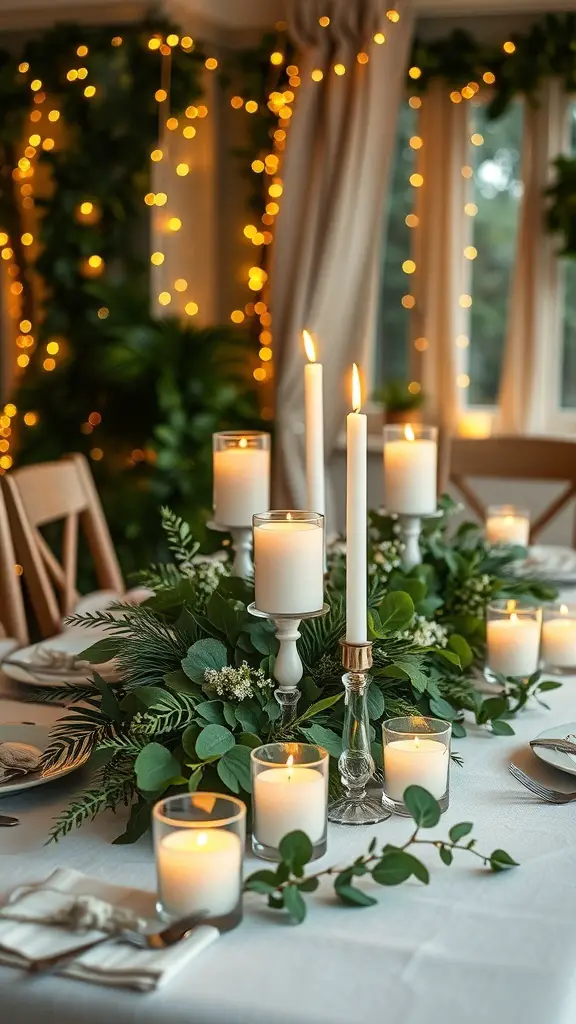 23+ Stunning Dining Table Centerpiece Ideas 8 A beautifully arranged dining table centerpiece featuring candles and greenery, creating a cozy atmosphere.
