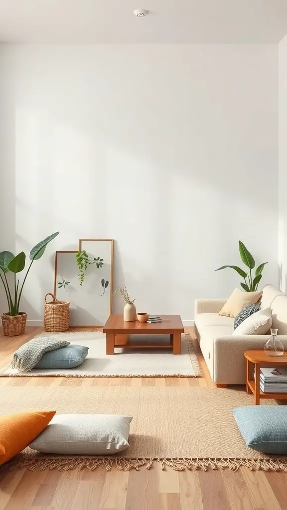 A cozy boho living room featuring a sofa, floor cushions, and plants.