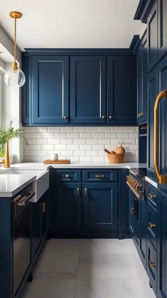25+ Gorgeous Kitchen Cabinet Colors to Transform Your Space 2 A modern kitchen featuring bold navy blue cabinets with gold hardware and a white subway tile backsplash.