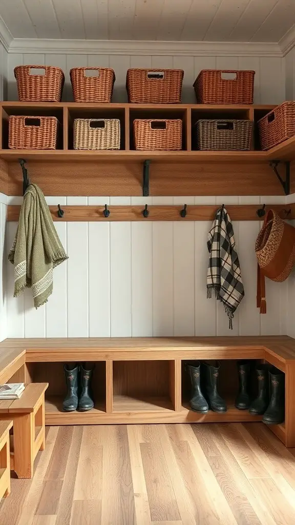 A rustic farmhouse mudroom with wooden storage solutions, including a bench, open cubbies for boots, and woven baskets on shelves.