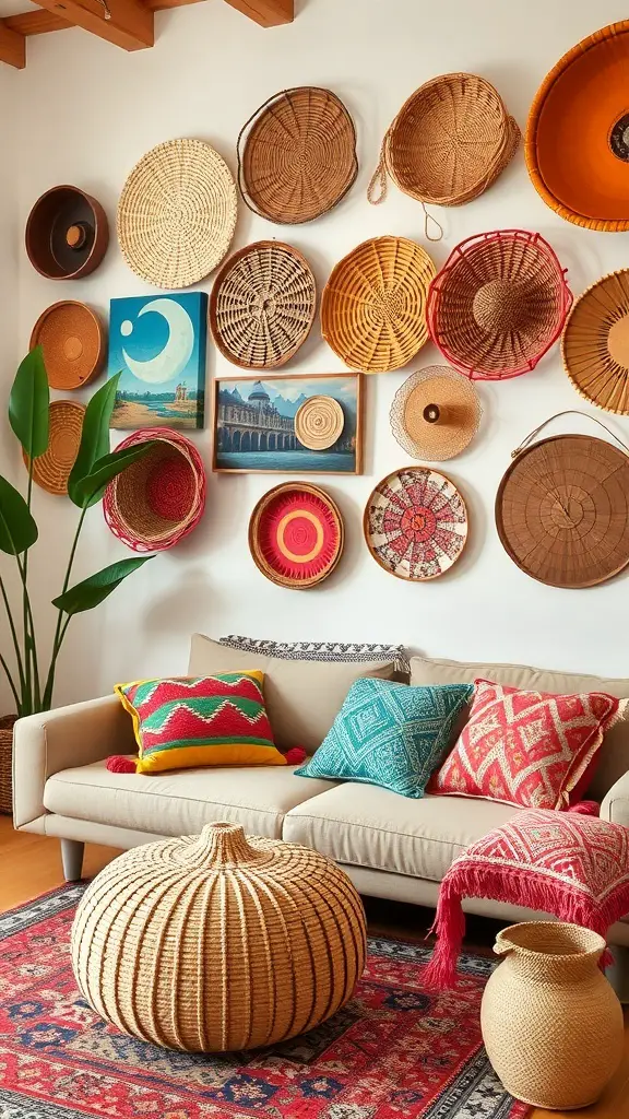 A boho living room with colorful pillows, woven baskets on the wall, and a rattan pouf.