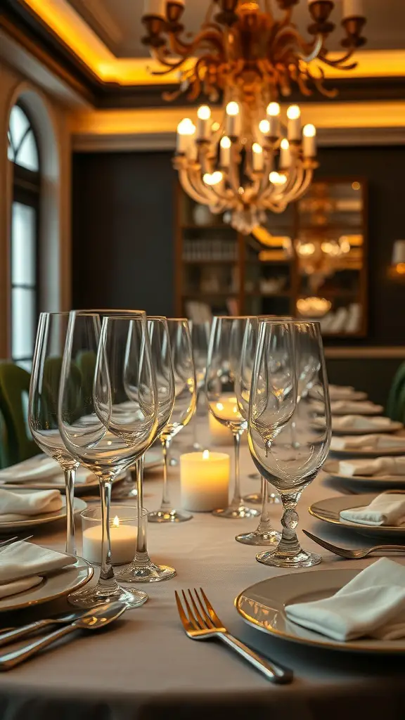 29+ Stunning Dining Room Table Decor Ideas 12 A beautifully set dining table with elegant glassware, candles, and silverware.