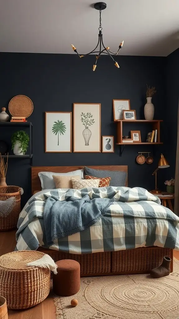 31+ Dark Boho Bedroom Ideas 16 A dark boho bedroom featuring a cozy bed, woven baskets, and creative storage solutions.
