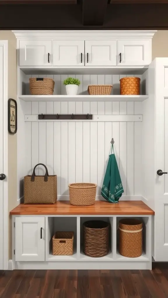 Mudroom cabinets with open shelving, featuring decorative baskets, a plant, and a wooden bench.