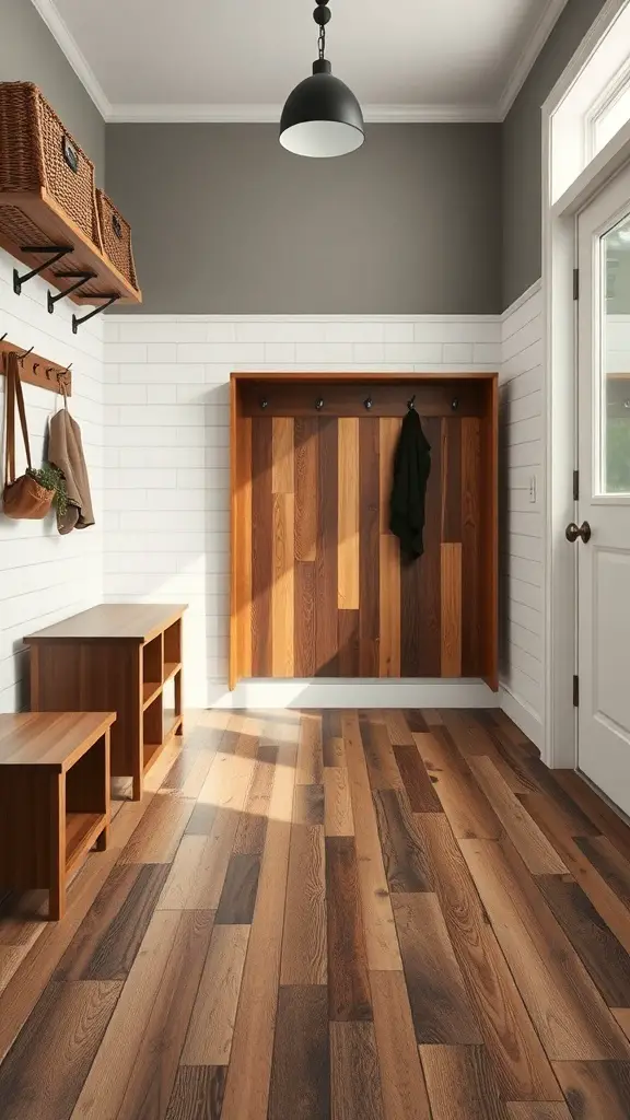 29+ Creative Mudroom Storage Ideas for a Clutter-Free Entrance 16 A stylish mudroom with hardwood flooring, storage baskets, and a coat rack.