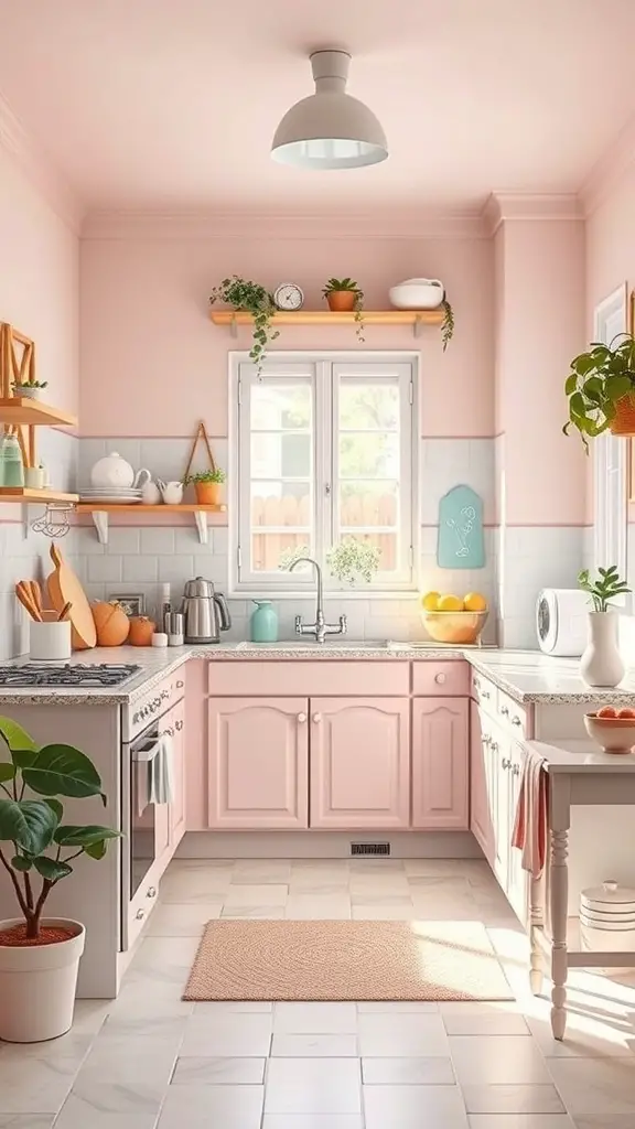 27+ Stunning Kitchen Color Palette Ideas for Your Home Makeover 8 A pastel pink kitchen with light cabinets, plants, and cheerful decor