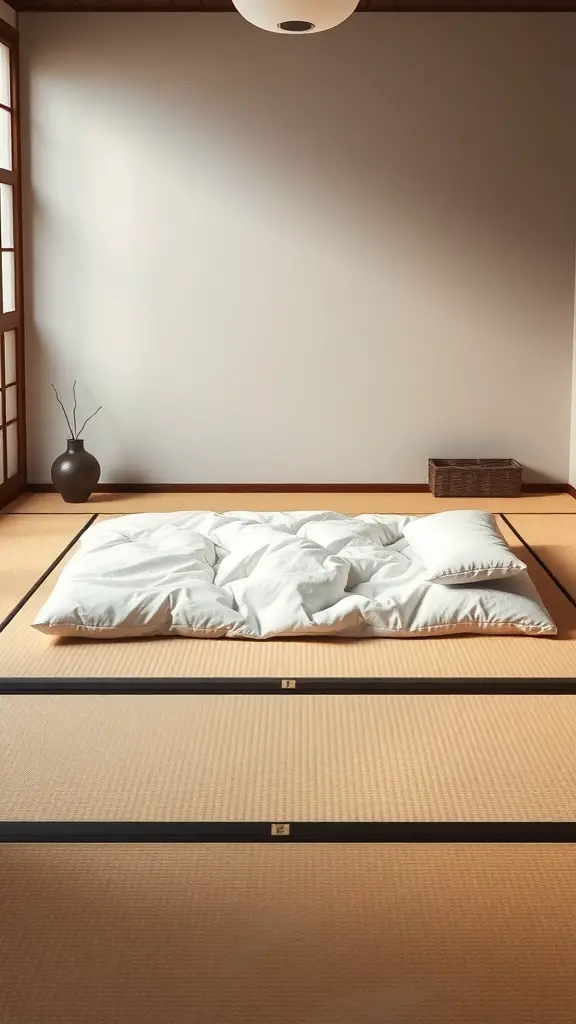 25+ Inspired Floor Bed Ideas for a Cozy Bedroom Makeover 6 A minimalist Japanese style floor bed with white bedding on tatami mats in a serene room.