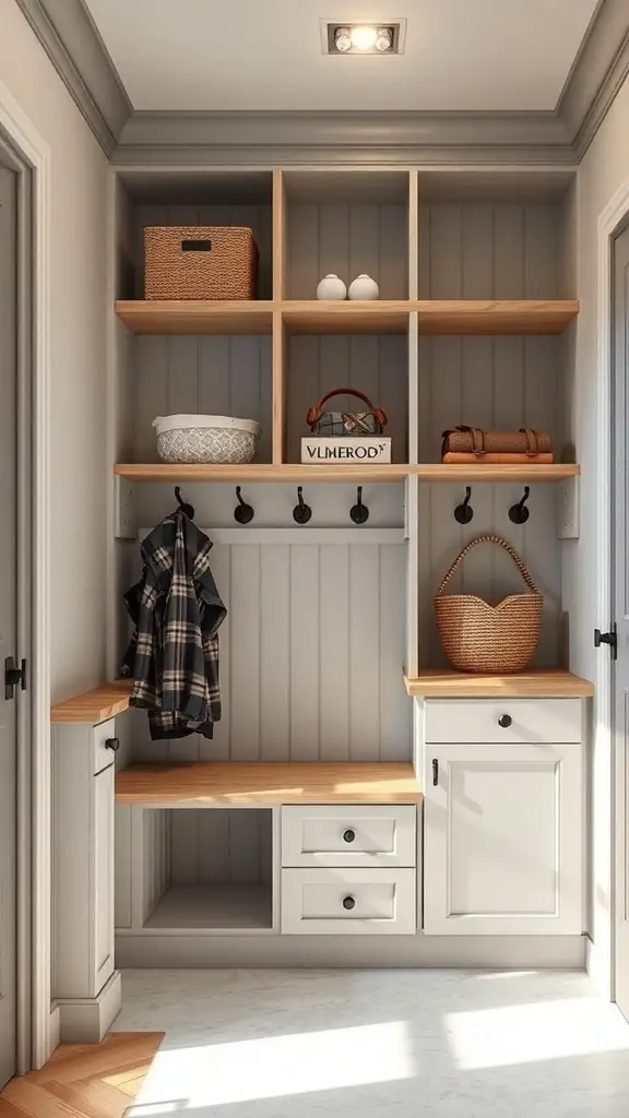 29+ Creative DIY Garage Mudroom Ideas You’ll Love 2 A stylish garage mudroom with shelves, hooks, and a bench for storage.