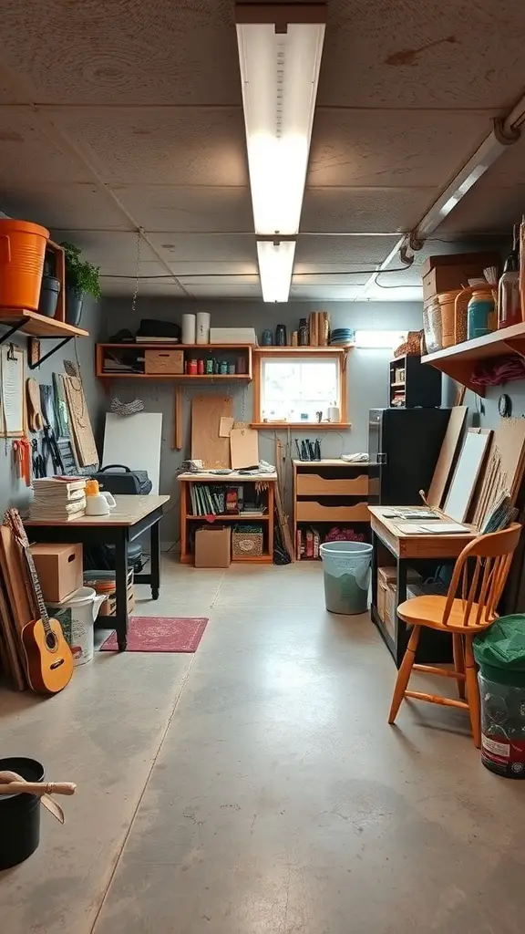 A well-organized basement studio space for hobbies and crafts, featuring a desk, shelves, and bright lighting.