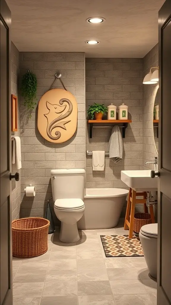 A cozy family-friendly basement bathroom with modern decor and practical storage.
