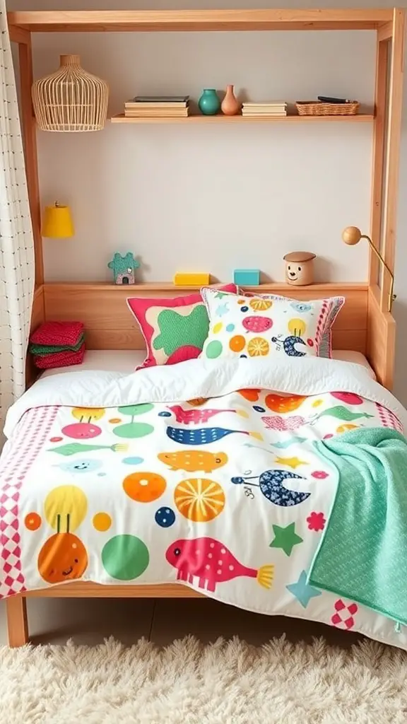 25+ Stylish Montessori Beds for a Dreamy Sleep Space 5 A colorful Montessori bed with playful bedding featuring fish and shapes, complemented by a cozy atmosphere.