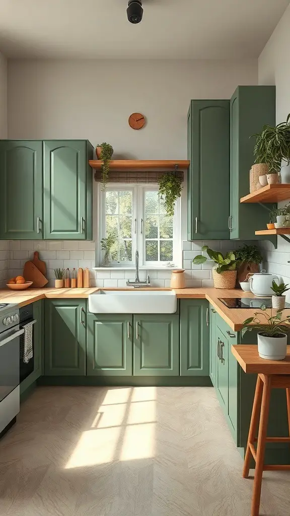 25+ Gorgeous Kitchen Cabinet Colors to Transform Your Space 6 A cozy kitchen featuring earthy green cabinets and warm wood accents, with plants adding a natural touch.